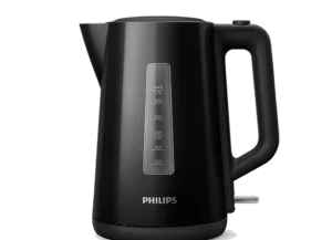 Bouilloire électrique noire Philips avec une jauge de niveau d'eau et un design épuré, idéale pour une utilisation domestique