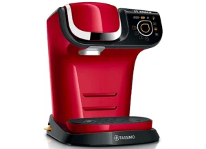 Machine à café Tassimo de couleur rouge vif avec un design moderne et un panneau de commande intuitif
